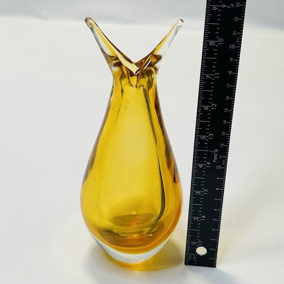 MURANO SOMMERSO AMBER YELLOW ART GLASS FISH TAIL VASE 9” Venice Italy Bubbles - Picture 8 of 8